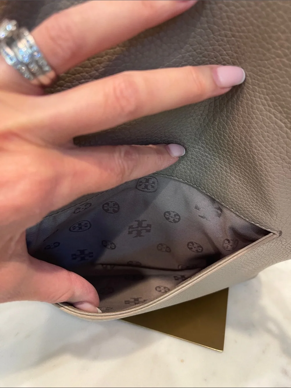 Tory Burch Foldover Pebbled Leather Crossbody in Turtle Dove (Gray)